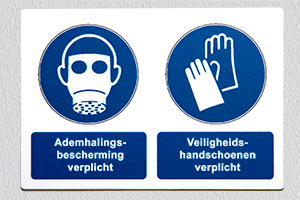 Ademhalingsbescherming en veiligheidshandschoenen verplicht, bedrukt plastic, bedrukt aluminium, fotoluminescerend